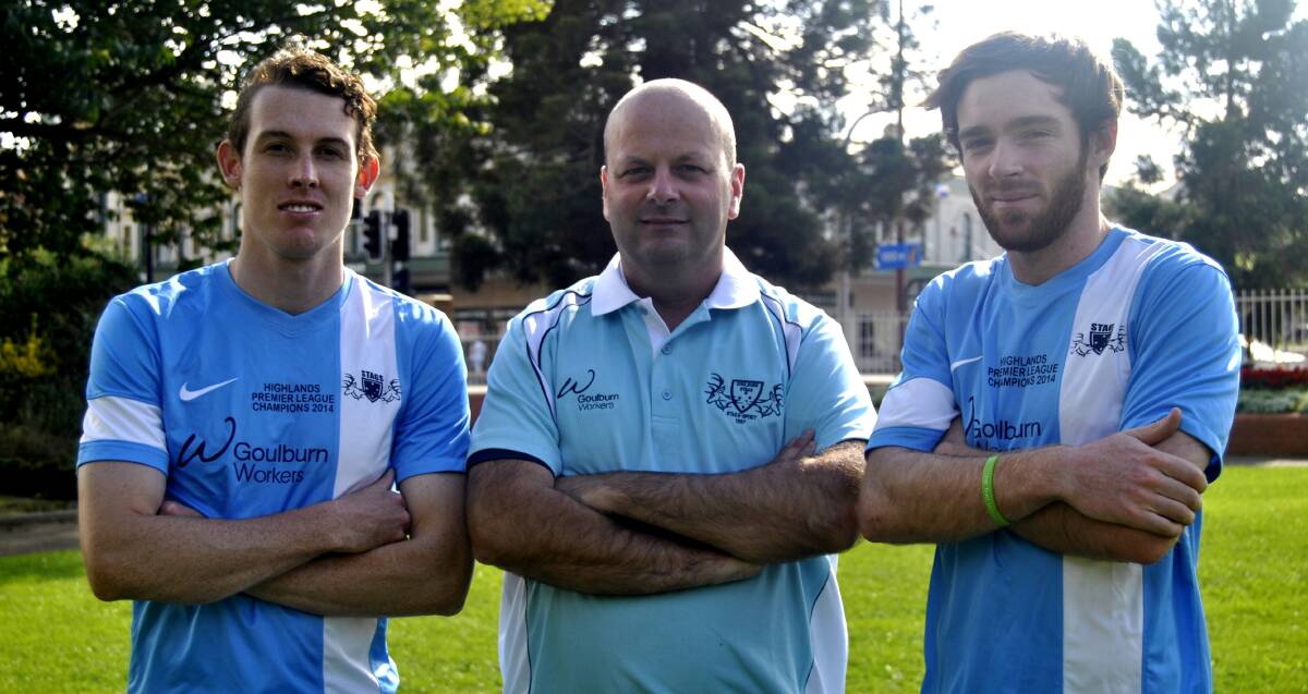 READY: The Stags’ Edan Wheeldon, Craig Norris and captain Aaron Swanson are ready to take on Canberra in season 2015. Photo: Chris Clarke