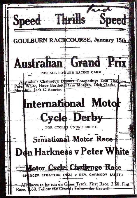 The advertisement for the Australian Grand Prix from the Goulburn Evening Penny Post in 1927.