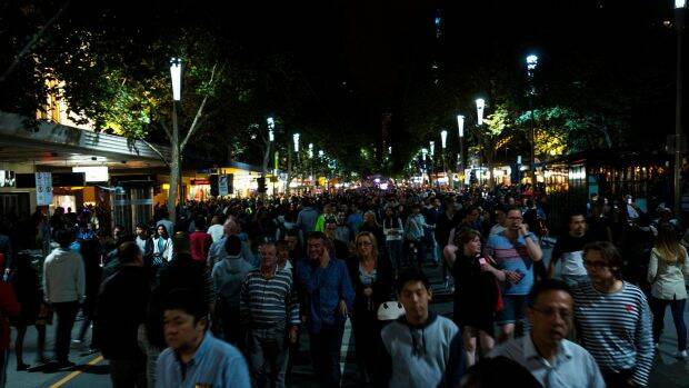 Thousands of people flocked to the CBD during White Night, Melbourne. Photo: Chris Hopkins