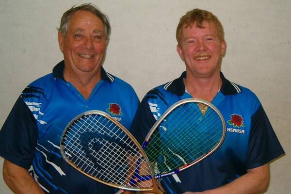 STATE OF PLAY: Des Rowley with Stephen Fry in their NSW colours at the recent Australian Squash masters in Hobart.