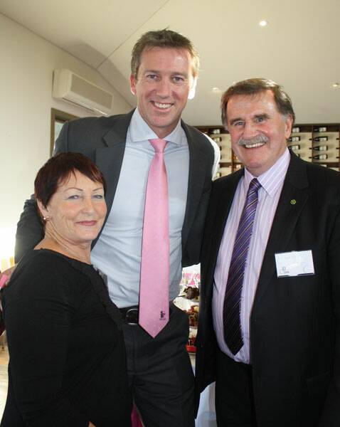 TICKLED PINK: Glenn McGrath, Goulburn’s Loz Westley and Member for Hume Alby Schultz at Friday’s ConnectPink launch. Photo: Brian Hill  