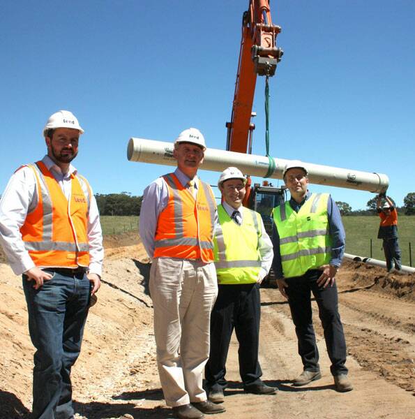 CONSTRUCTION UNDERWAY: (l-r) Leed Project Manager Pat Maher, Goulburn Mulwaree Mayor Geoff Kettle, Goulburn Mulwaree Council General Manager Chris Berry and GHD Senior Civil Engineer Steve Keevil-Jones inspect progress of the Highlands Source Project yesterday.