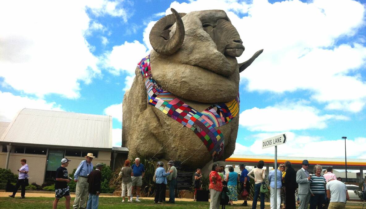 TO BEHOLD: After more than nine months of hard-knitting, the iconic Big Merino has received a special scarf in time for the 150th. 