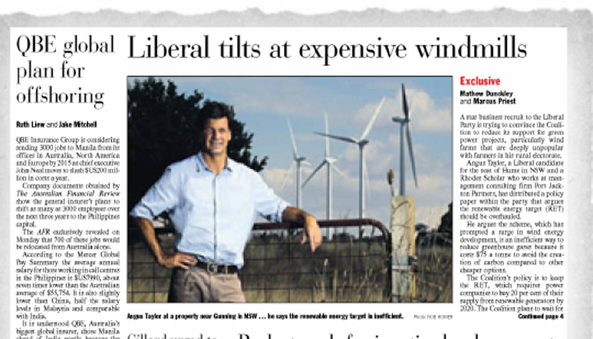 A STAND: The Australian Financial Review’s front page article on Tuesday.  