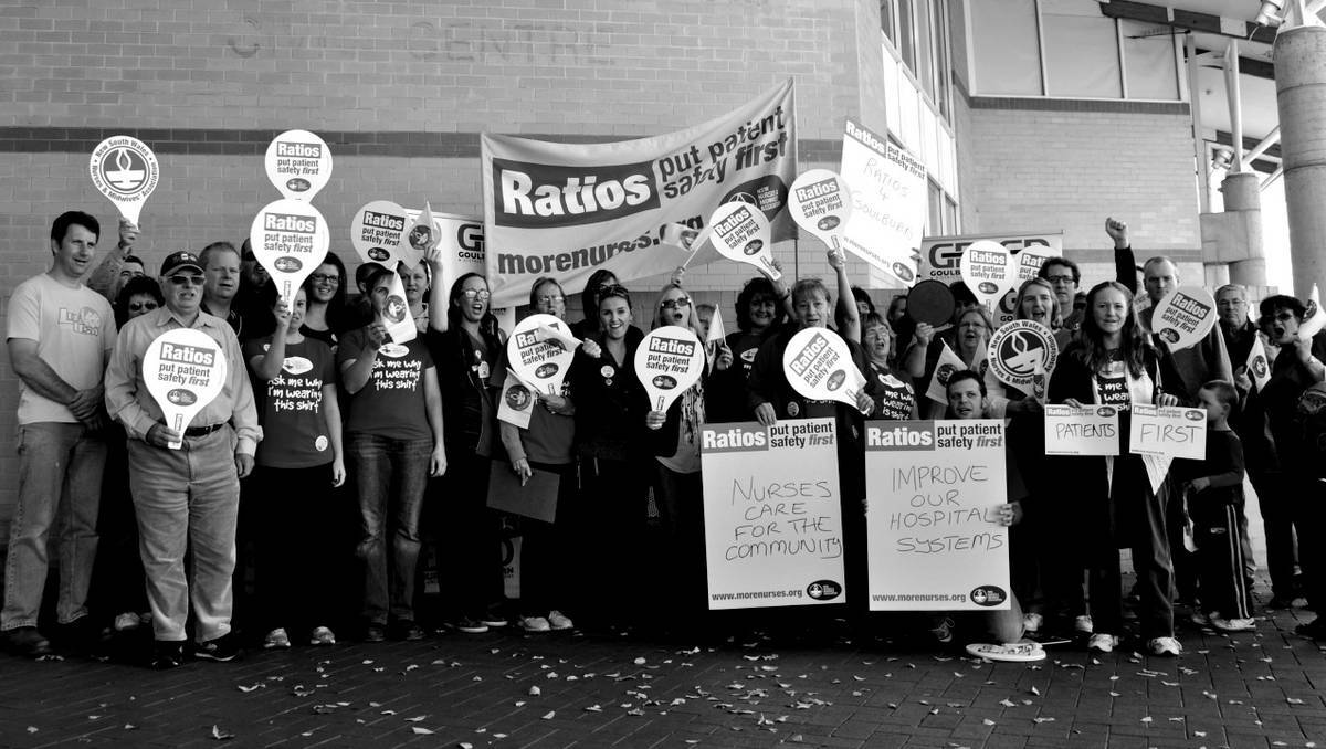 ANGRY: Members of the Goulburn branch of the NSW Nurses and Midwives Association (NSWNMA) gather outside the Council Chambers to protest changes to nurse-patient ratio and pay rise agreements by the State Government on Friday.