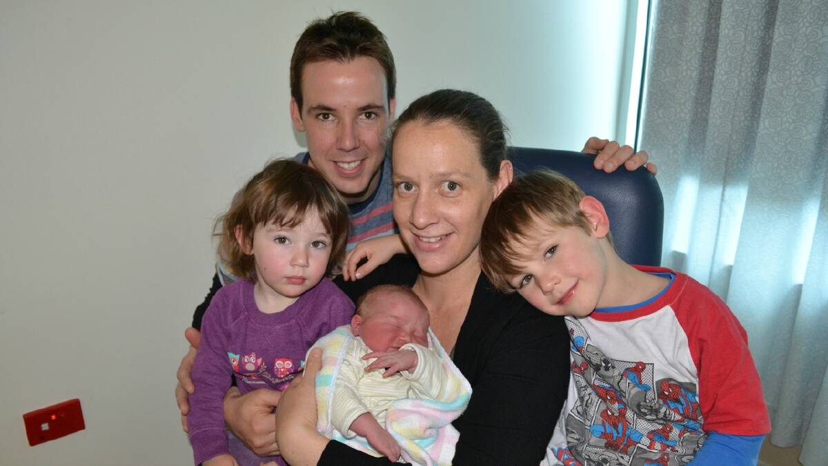 Sharing her birthday with the newly born royal British prince is baby Juliet Isolina Riepsamen, born at the Bathurst Base Hospital on Monday. The little princess is pictured with beaming mum Domenica Russo, dad Russell Riepsamen and siblings Marcus, 4, and Anneka, 2. Photo: BRIAN WOOD