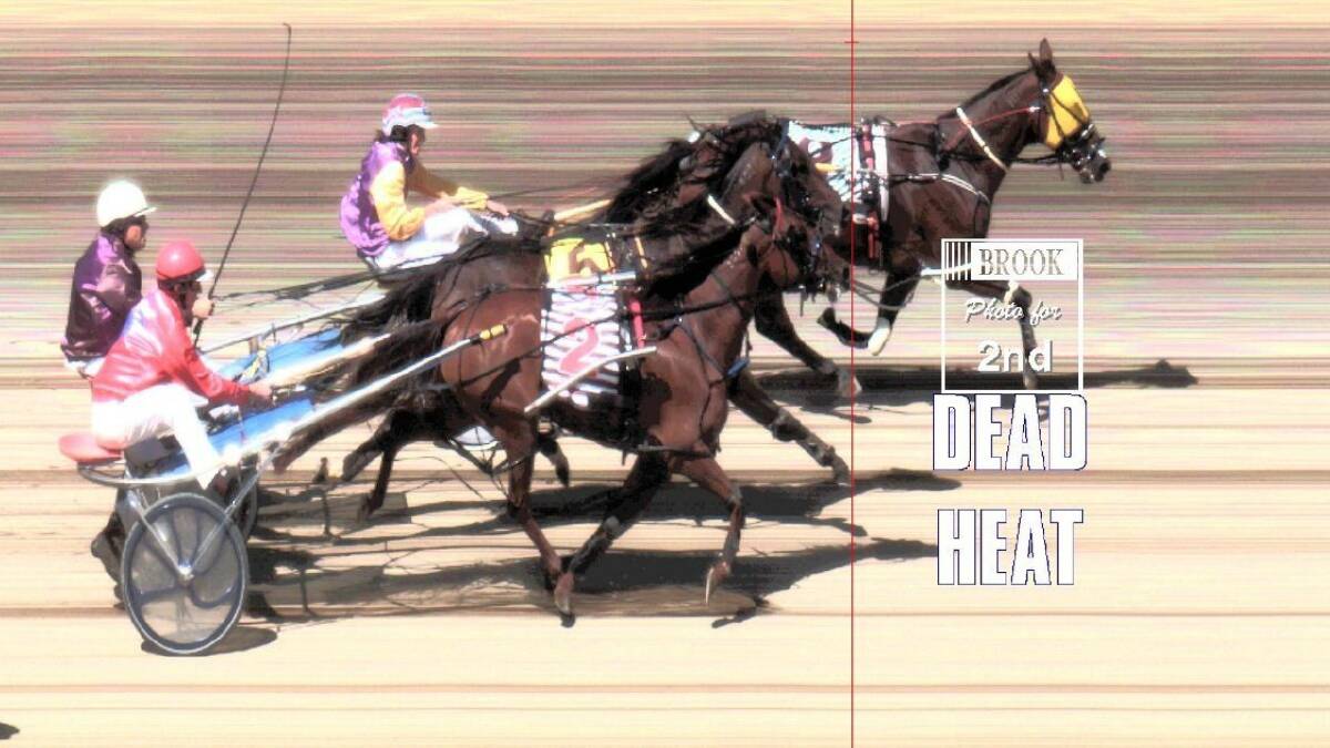  KOOKY CAPTION: The photo finish from race five on Monday featuring Neil Day, centre, and the carriage’s broken shaft.