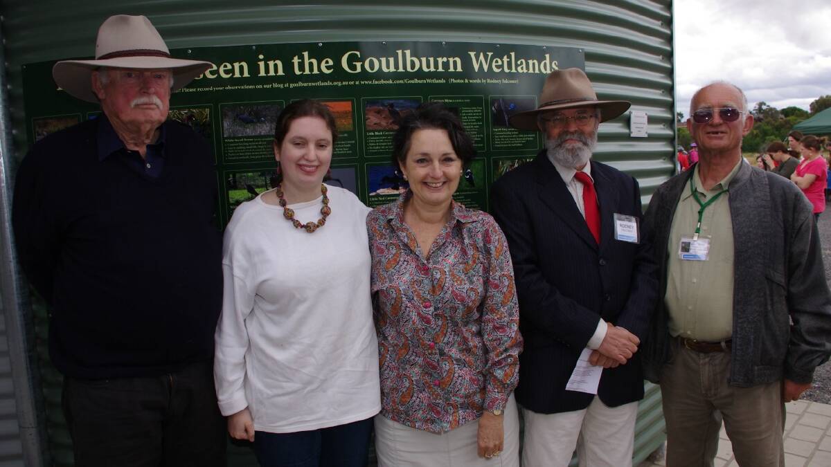 DONATION: Member for Goulburn Pru Goward was joined by Friends and Residents of Golburn Swamplands (FROGS) executive members Rodney Falconer and Ray Shiel (right) as well as her daughter Alice Barnett and husband David for the official opening the bird hide she donated to the Wetlands.