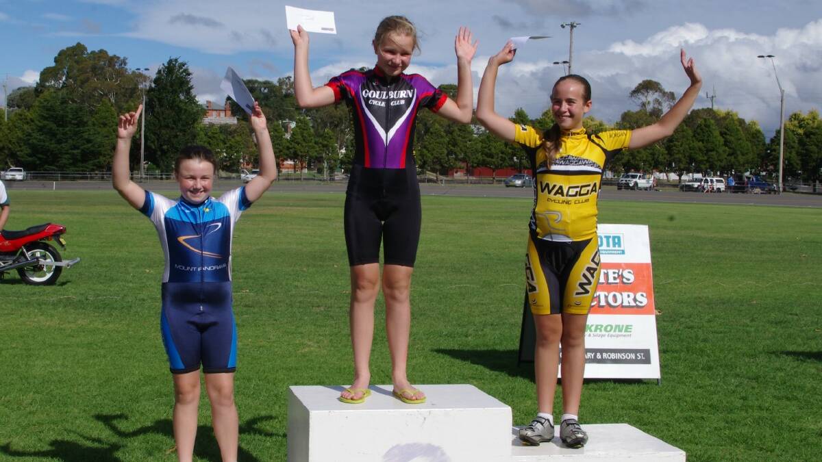 FASTEST: Track Power Under 13 Girls Scratch Race, third placed Eliza Bennett, winner Tassie Davies and second Amelia Miles on Saturday at the Seiffert Oval Dunc Gray track.