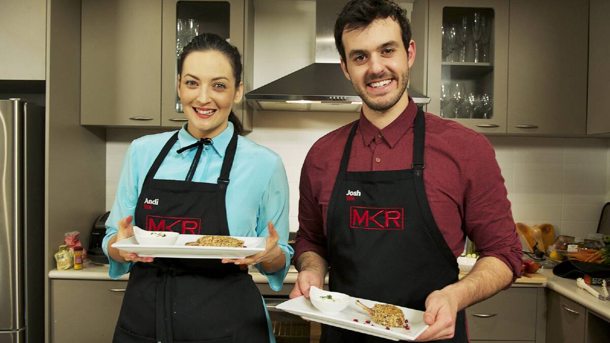 MKR: Andi and Josh holding one of their creations. Photo courtesy of Seven