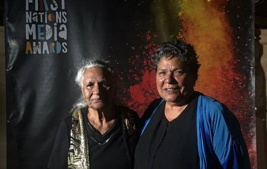 Freda Glynn and First Nations Media Australia chair Dot West in Alice Springs at the First Nations Media Awards in 2019. Picture: First Nations Media. 