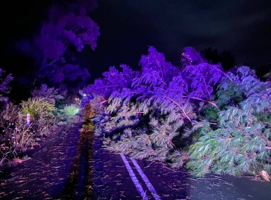 Trees that fell in the storm blocked a road in Tallong and a property that lost a large proportion of the roof on Saturday night. Picture: Wingello RFS Facebook