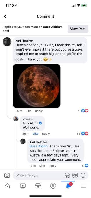 Buzz Aldrin's comment to Mr Fletcher. Photo: Karl Fletcher. 