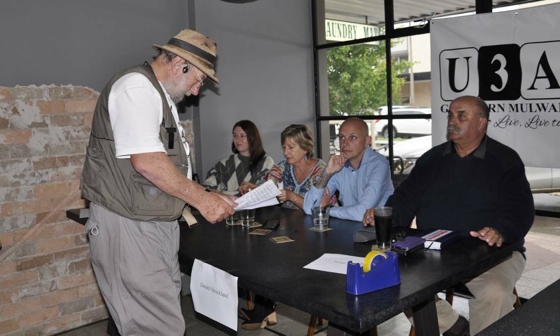 PRESSING QUESTIONS: Goulburn U3A president Brian Spilsbury junior set the ground rules with council candidates Leah Ferrara, Anna Wurth-Crawford, Dan Strickland and Peter Walker. Picture: Louise Thrower.
