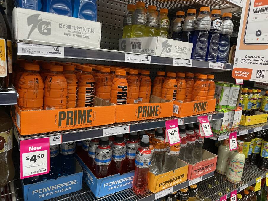 The shelf full of the orange-flavoured Prime Hydration drink was emptied in 20 minutes in Bowral. Picture by Briannah Devlin. 