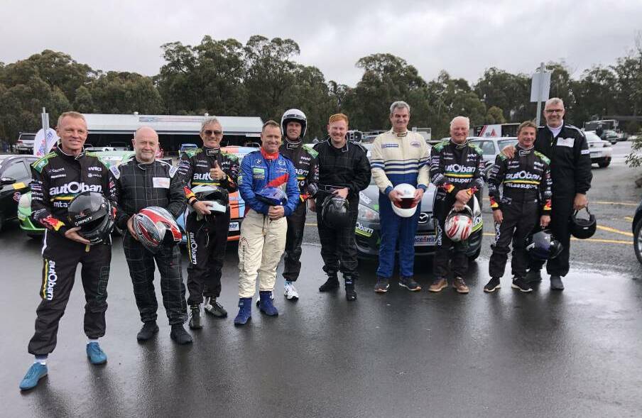 Steve Shelley, John Cadogan, The STAG, Guy Andrews, Bruce Hoppo Hopkins, Jake Shelley, David Northey, Bob Zelesco, Gerry Manion and Mark Mcgaw at the Pheasant Wood Circuit celebrity race in July, 2021. Picture: supplied.
