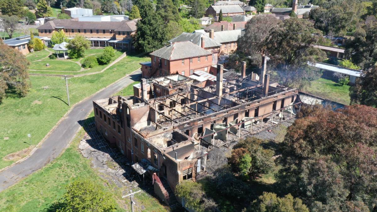 DESTROYED: The former female ward 15 at the historic Kenmore Hospital complex was gutted by fire on Saturday afternoon, as drone footage revealed. Photo: NSW Fire and Rescue. 