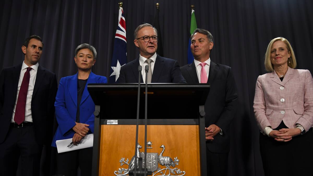 Jim Chalmers, Penny Wong, Prime Minister Anthony Albanese, Richard Marles, Katy Gallagher. Picture: AAP images