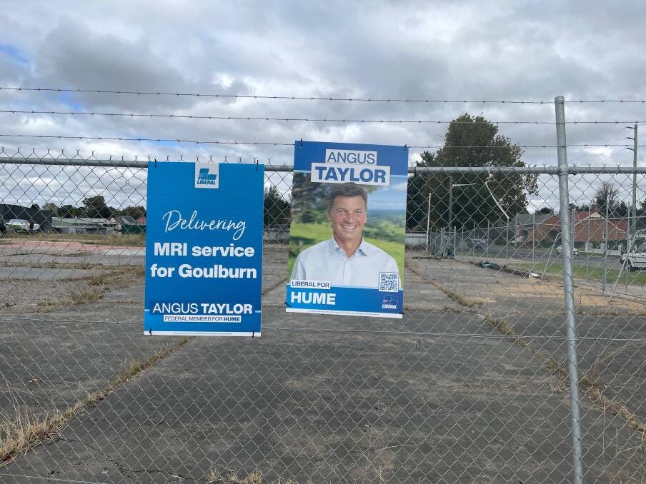 Two of Angus Taylor's signs on Clinton Street, Goulburn. Photo: Louise Thrower