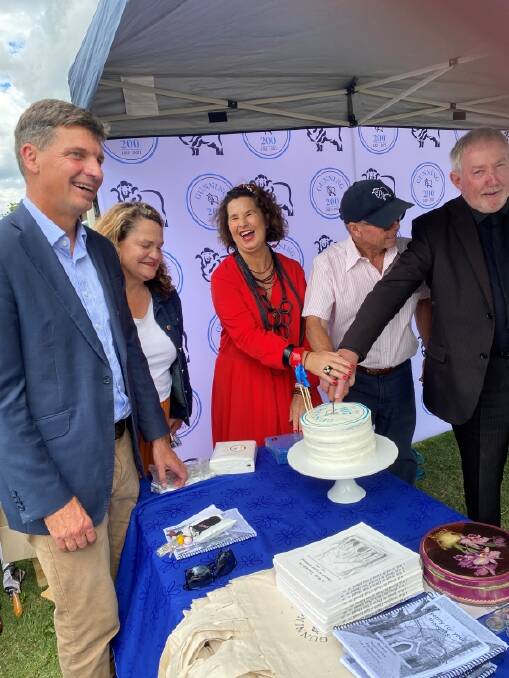 PARTY TIME: (L-R) Federal Member for Hume Angus Taylor, State Member for Goulburn Wendy Tuckerman, Upper Lachlan Shire Council (ULSC) Mayor Pam Kensit, Gunning 200 Committee spokesman John Shaw and Councillor John Searle, ULSC, at the celebrations. Picture: supplied.