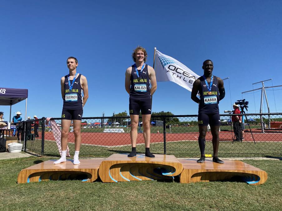 Josh Kalozi (middle) after finishing first in the Under 18 men's 110 metre hurdles at the Oceania Athletics Championships. Photo: supplied