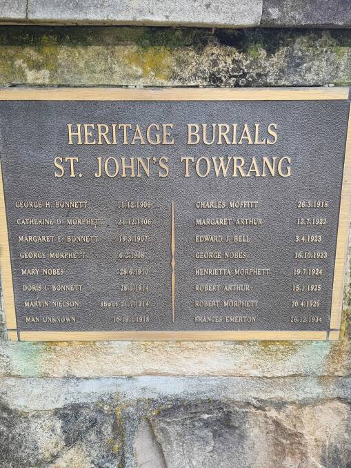 The memeorial plaque to those buried at St John's. Picture: Towrang community facebook page