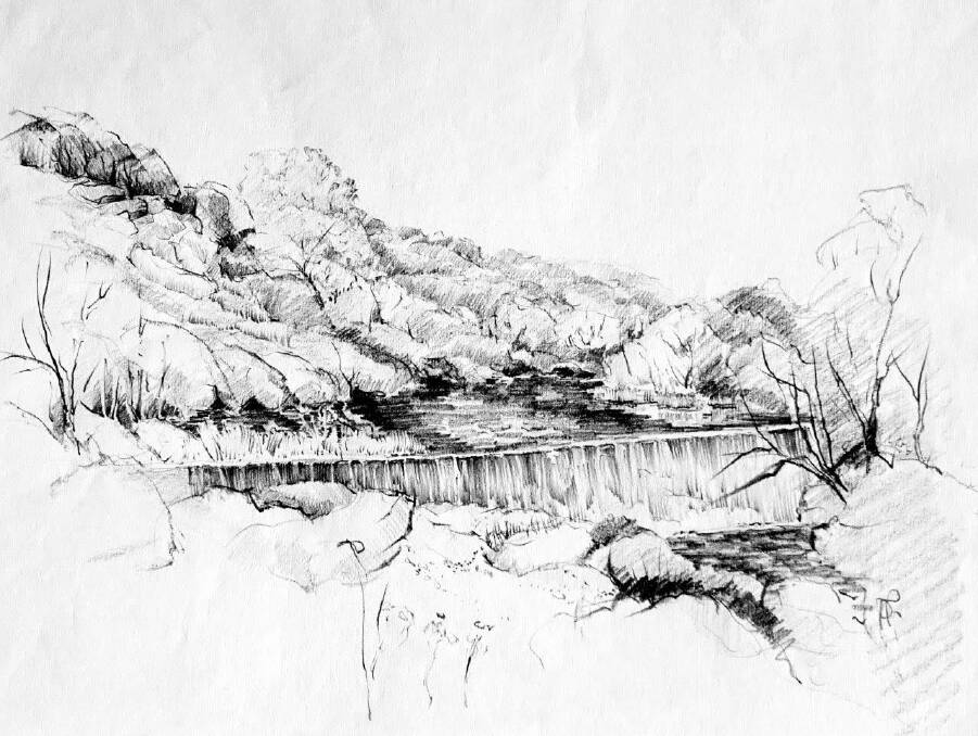 Marsden Weir in flood. Sketch by David Penalver. Picture: Joe Zappia. 