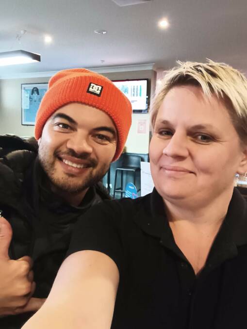 Kylie Wiggins with Guy Sebastian at the Hibernian Hotel where his team had lunch. Photo: Supplied.
