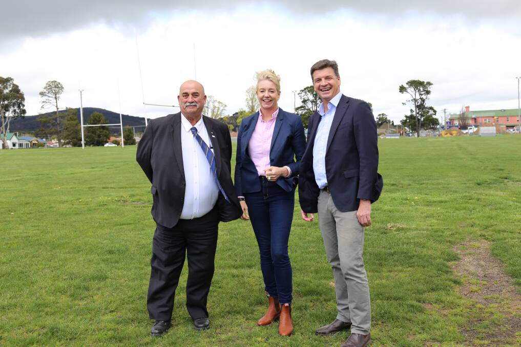 Goulburn Mulwaree mayor Peter Walker, Senator Bridget McKenzie and Hume MP Angus Taylor at Seiffert Oval, one of the beneficiaries from the Build Better Regions Fund. Picture by Sophie Bennett