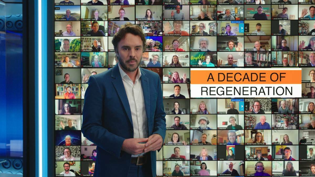 Filmmaker Damon Gameau in a still from his latest film Regenerating Australia, presenting the news in 2029. File picture