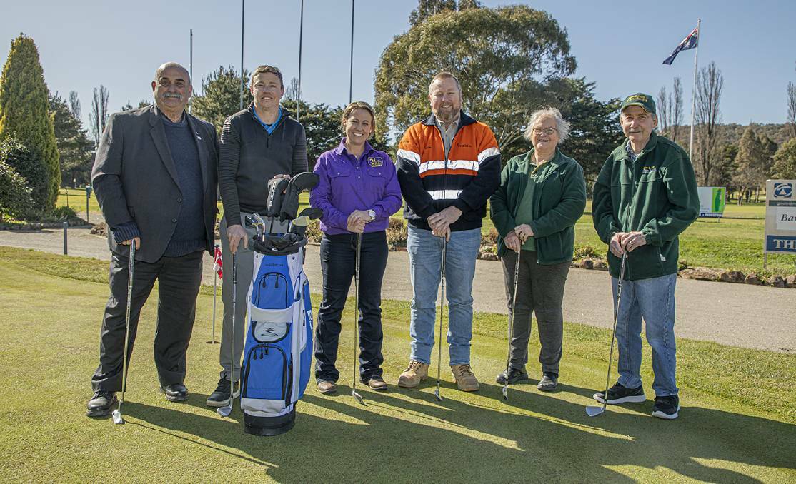 Goulburn Mulwaree Mayor Peter Walker with Goulburn Golf Club professional Andrew Grove, Jo Grove from Riding for the Disabled Australia, the Quarry Manager of Lynwood Quarry, Holcim Australia Wayne Beattie and Ruth Doggett and Ian McMurdo from Can Assist Goulburn. Picture supplied