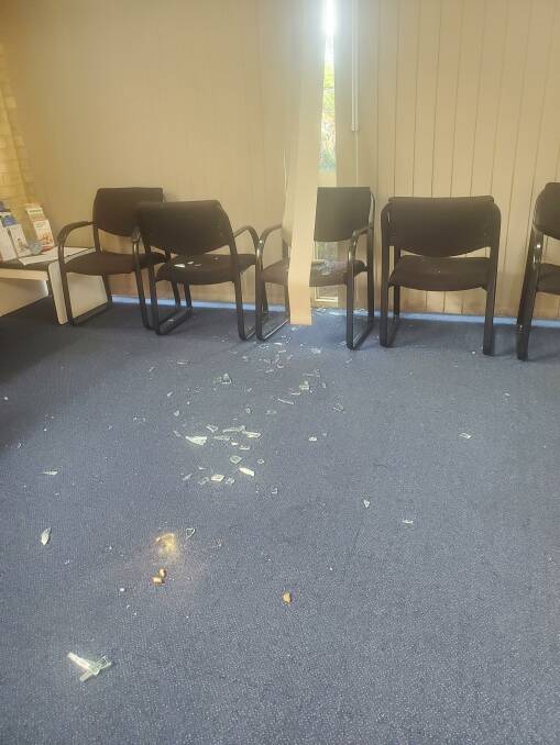 Broken glass in the waiting room. Picture supplied