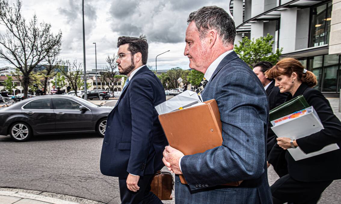 Bruce Lehrmann outside the ACT courts with barrister Steven Whybrow during the criminal trial. Picture by Karleen Minney