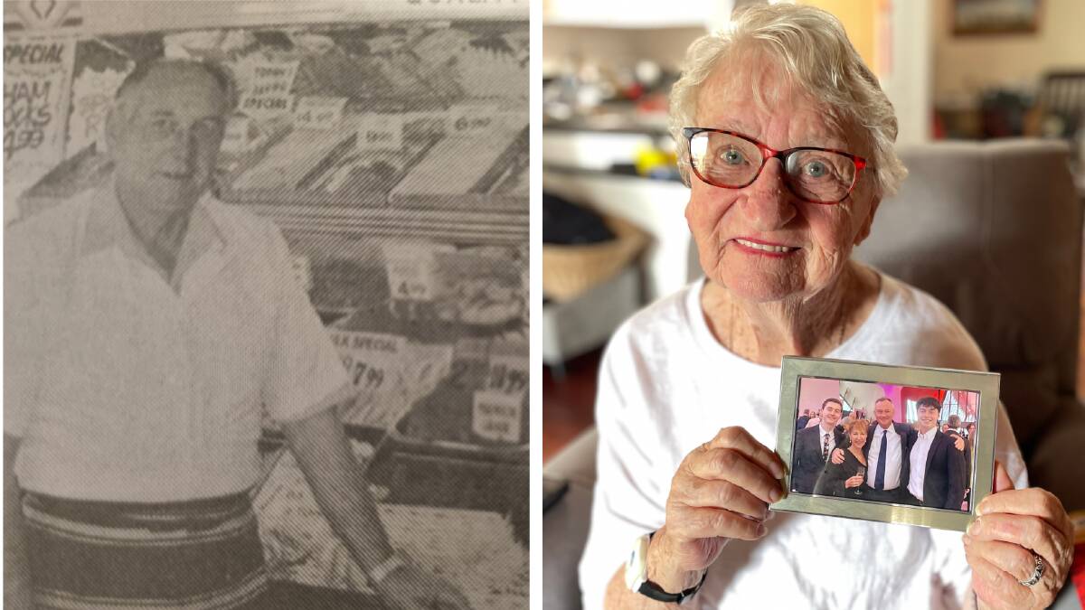 The late Kevin Ball Snr in Ball's Butchery at South West Rocks and (right) Noreen Ball holds a photo of Kevin (Jnr) and his family. Pictures Macleay Argus and Ellie Chamberlain