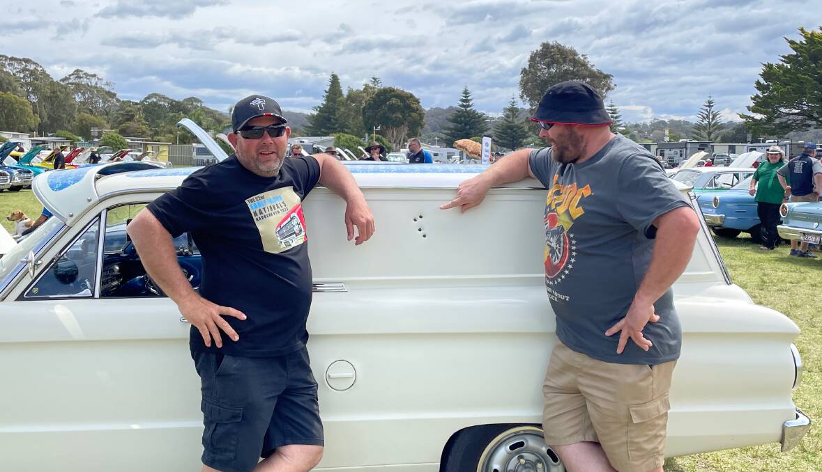 Chris Jennis and Patrick Brooks with 1966 Falcon XP, Wounded. Mr Jennis and his wife Jo-anne drove it from Kalgoorlie to Adelaide where Mr Brooks helped Mr Jennis drive the rest of the way to Narooma for the 22nd Early Falcon Nationals on October 13-15. Picture by Marion Williams
