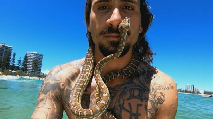 Gold Coast surfer Higor Fiuza and his morelia bredli python Shiva. Picture via Nine News