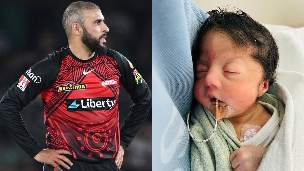 Fawad Ahmed of the Renegades looks on during the Big Bash League match at Marvel Stadium in January 2023 (left), Fawad Ahmed's son (right). Pictures via AAP/James Ross/X