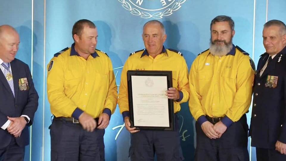 Shane Fitzsimmons AO AFSM, Captain Andrew Johnson, Senior Deputy Captain Peter Johnson, Deputy Captain Doug Fraser, Commissioner Rob Rogers AFSM. Image by NSW RFS.