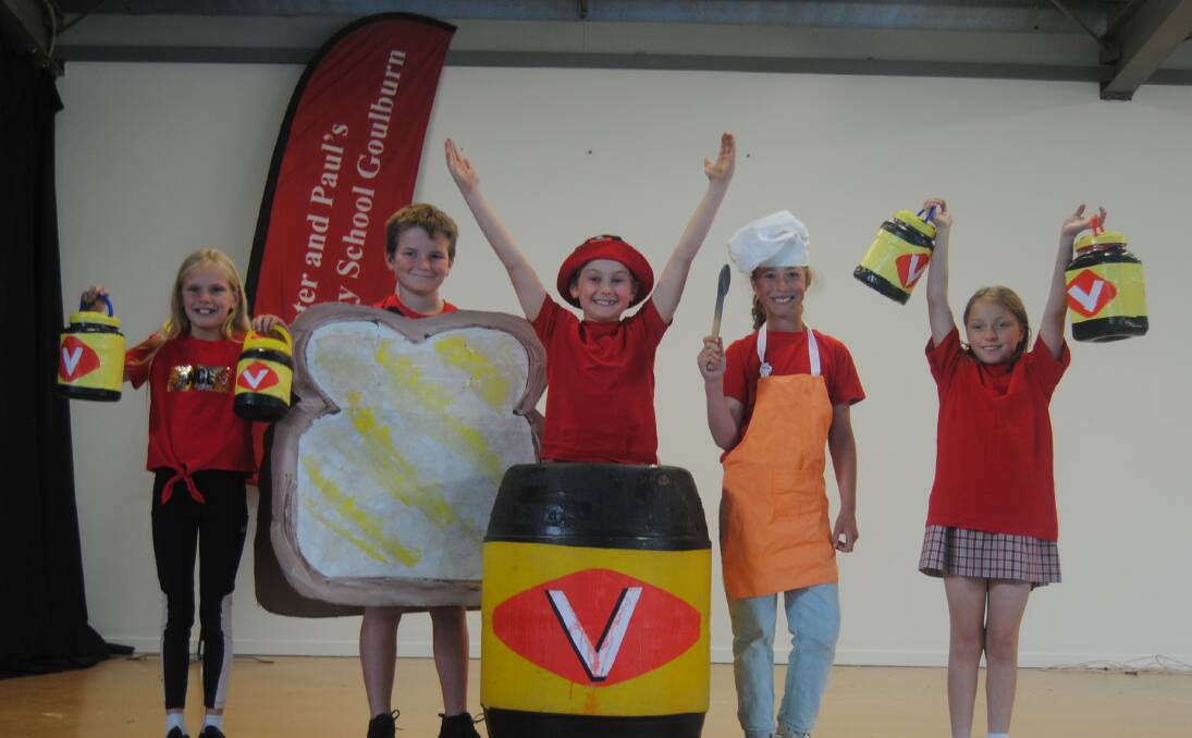 Year four students of St Peter and Paul's Primary School Bella Dale, Zachary Anderson, Sebastian Martin, Georgia Batty and Mimi Pritchard show off their Vegemite pride. Image by Jacqui Lyons.