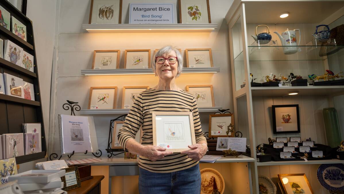 Artist Margaret Bice with her exhibition Bird Song. Picture by Gary Ramage