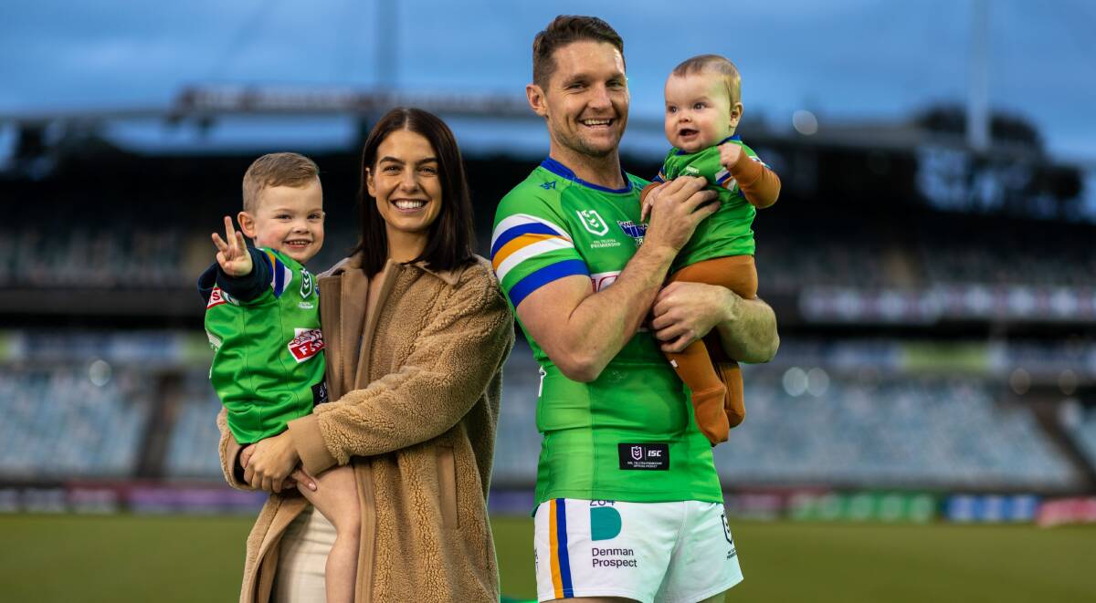 Brittney and Jarrod Croker with their sons, Rory and Tate, ahead of the Raiders' great's milestone. Picture by Gary Ramage