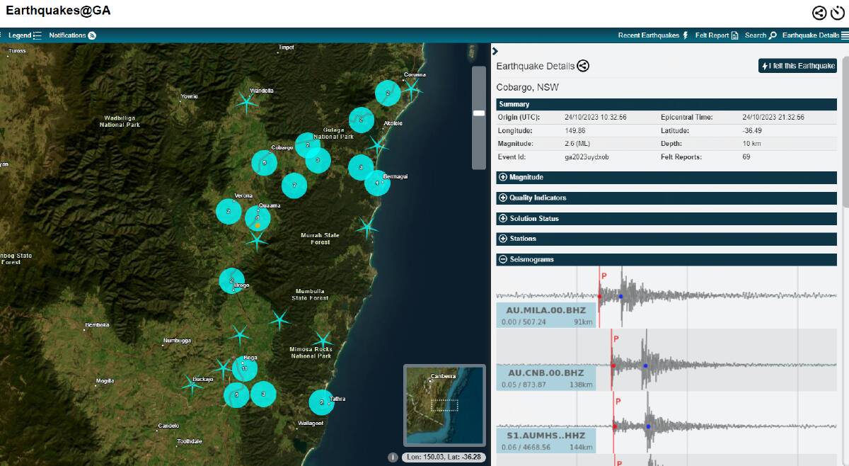Screen shot of Geoscience Australia's Earthquakes@GA map indicating the number of 'Felt reports' submitted for Tuesday night's earthquake at Quaama.