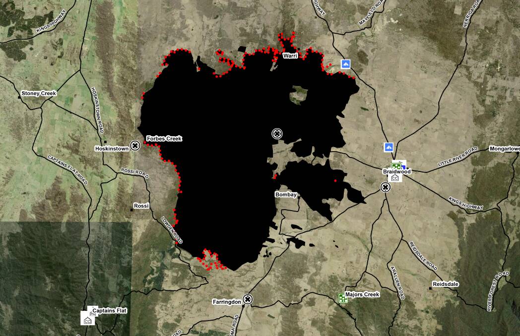 A map from the NSW Rural Fire Service showing the area burnt by the North Black Range fire. The red markings identify active fire spots as of Monday, December 9.