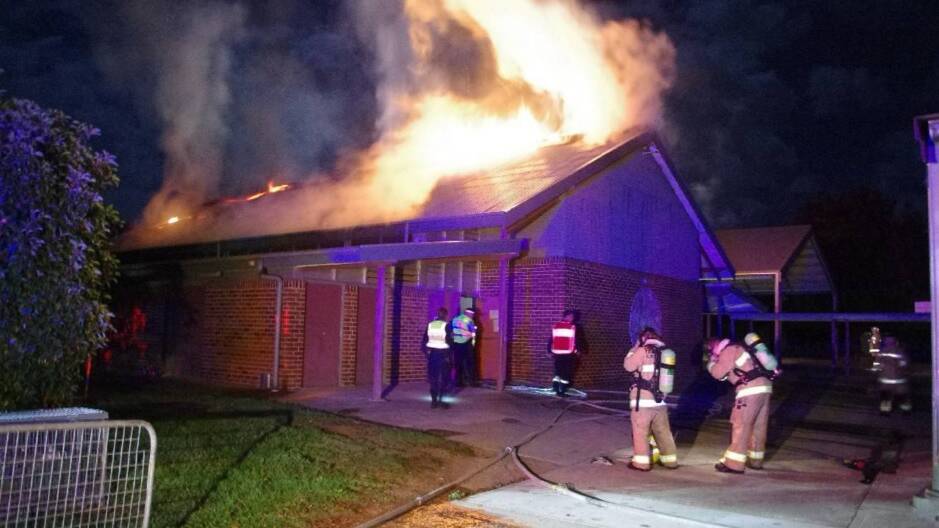 SCHOOL FIRE: A fire at Goulburn West's school hall earlier this year. 