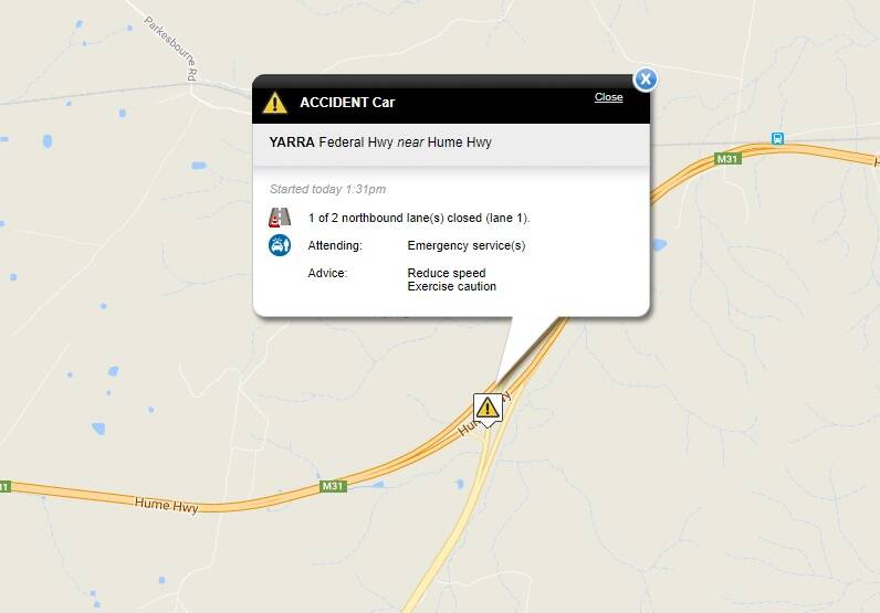 Screenshot from Live Traffic NSW of closed lanes on Hume Highway following vehicle rollover. 