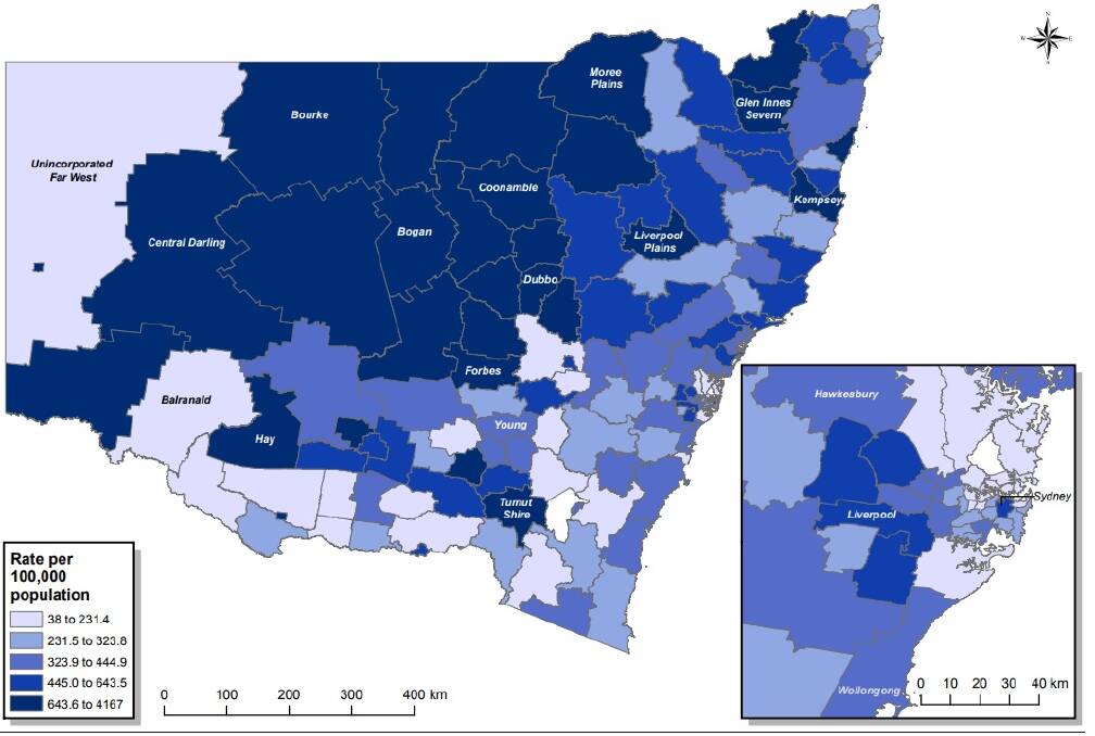 Rate per 100,000 population for domestic violence related assault offences recorded by the NSW Police Force, via BOCSAR. 