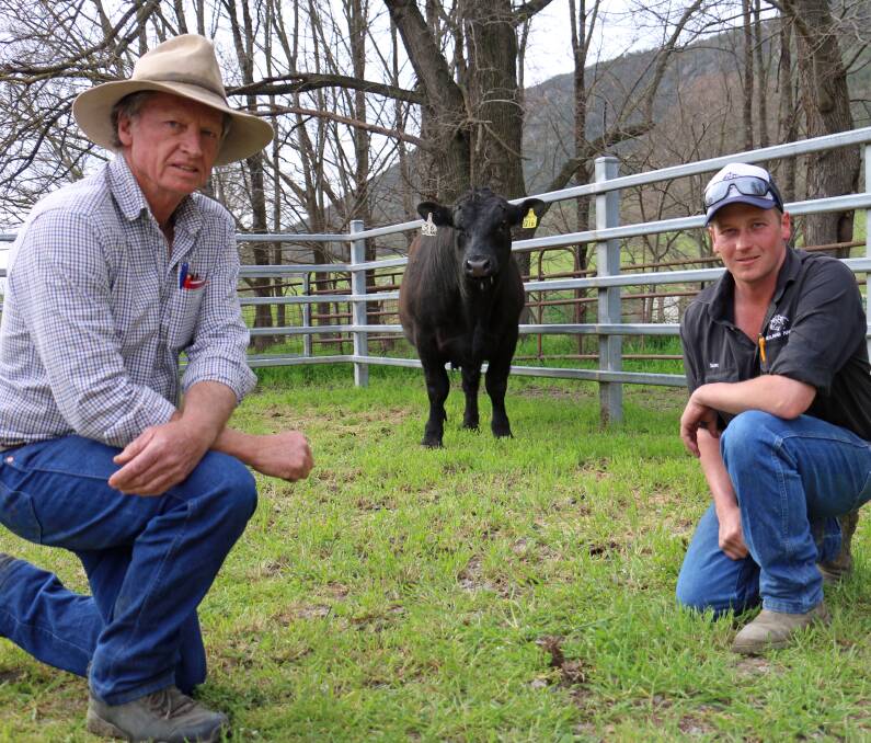 Mark Boileau, Bannister Station manager, Crookwell, with Sam Luca of Reiland Angus and the $31,000 top price bull Reiland Q-Stratisphere Q16. Photo supplied