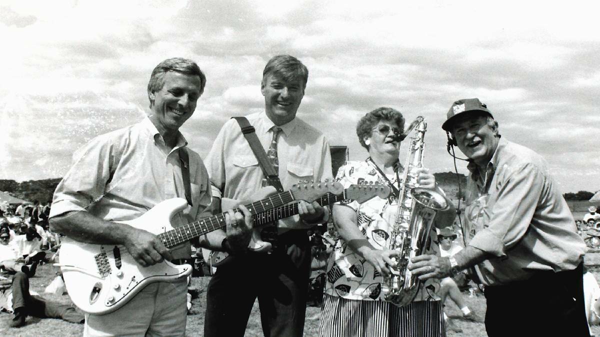 Former Hume MP John Sharp (second right) , then mayor Margaret O'Neill and Blues Festival founder George Lipman were among those who hammed it up to promote the first Goulburn event in 1997. Photo: Goulburn Post.
