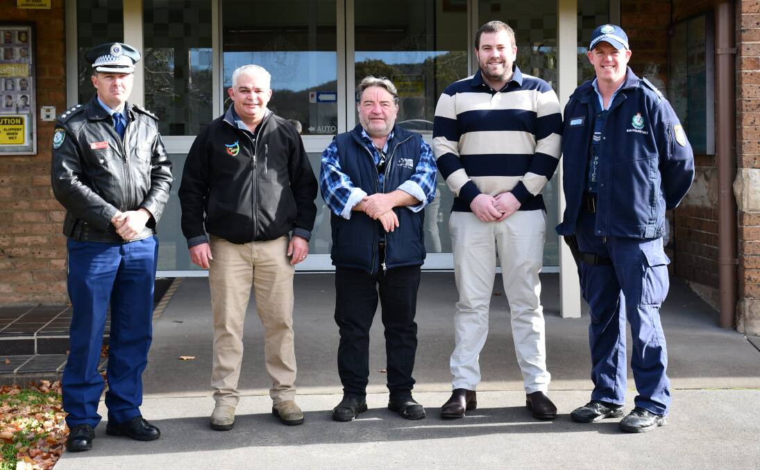 Inspector Matthew Hinton with Hibernian Hotel owner Pat Burke, Flamingos owner Grant Thomson, Astor and Tattersalls manager Sean Griffiths and Senior Constable Leon Lincoln. Photo: Hannah Neale