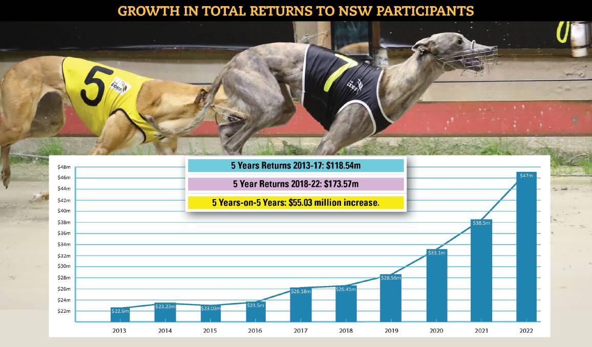 FAST FEET: Bandit Ned, the rising star of the Jodie and Andy Lord kennel winning earlier this year at Wentworth Park. Inset - growth in total returns to NSW participants. Photos: Supplied